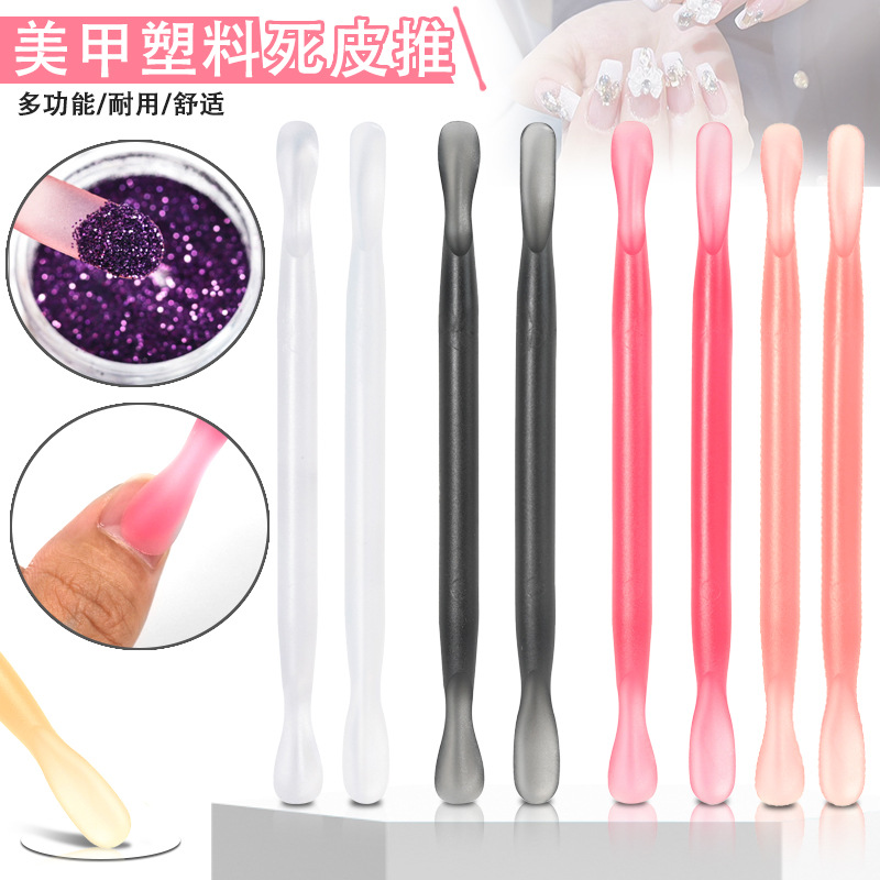 Herramientas para uñas, plástico, piel muerta, acero, manicura de doble cabeza, piel muerta, removedor de uñas, cuchara en polvo, herramienta para uñas, juego de 2 piezas