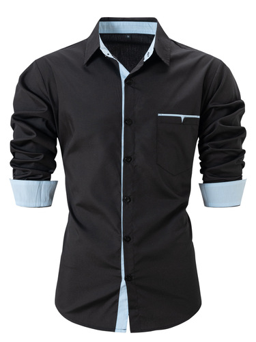 2025 Cross-border European and American-style Men's Fashion Spring/Summer Cotton Color-Block Pocket Lapel Slim-fit Casual Men's Long-sleeved Shirt