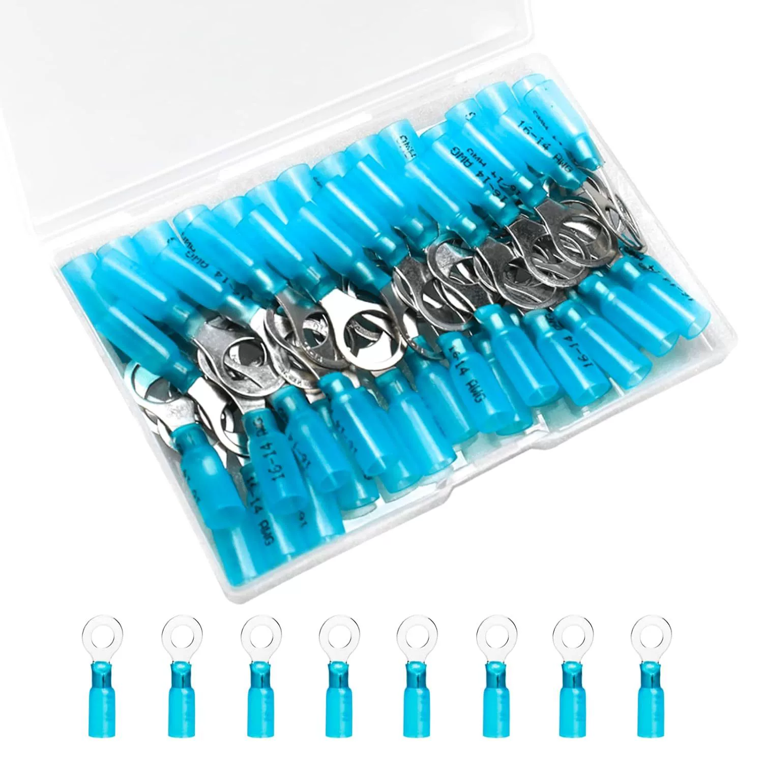 50 PCS Heat Shrink Wire Connectors, 16-14 AWG Ring Terminals