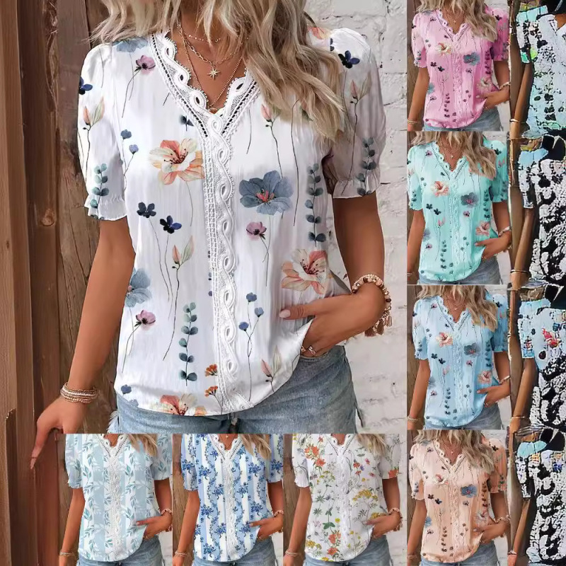 2025 New European and American Style Stamens Printed Lace Trimmed Neck Short Sleeve Easiest for Match Fashion Commuting Elegant Top