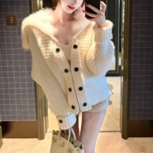 韩版气质仿毛毛大翻领宽松保暖毛衣外套女2026秋冬慵懒风针织开衫