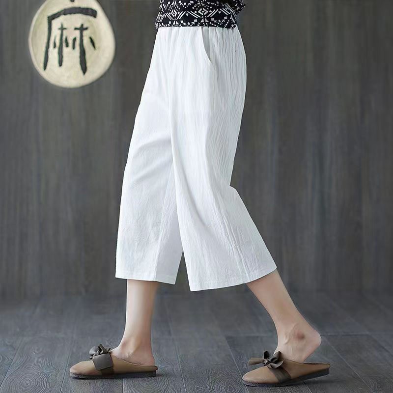 Cotton and Linen Casual Pants for Women 2026 Summer New Style Artistic Style Large Size Wide Leg Pants High Waist Slimming Cropped Pants for Women