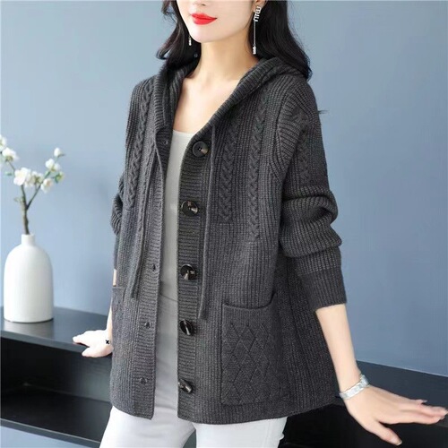 Spring and Autumn Season Mother Short Length Knitted Jacket Women Middle-Aged Loose Thick Knitted Top with Hooded Jacket Upper Garment Women