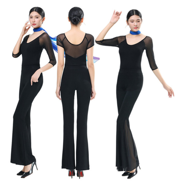 Women's Shoulder Clothing Wholesale Show Mesh Stitching High Waist Hip Lifting Bell Pants Etiquette Modern Dance Training Clothing Set