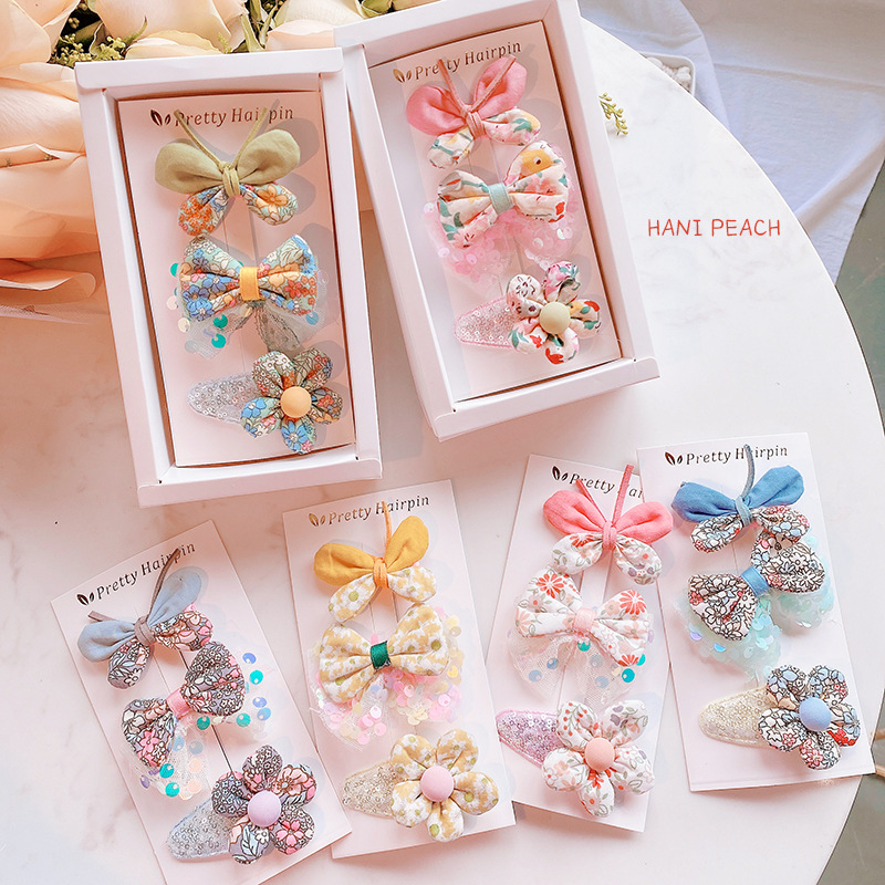 HD3276A04 多彩春.韓版彩色碎花布藝花朵蝴蝶結發夾邊夾發卡發飾