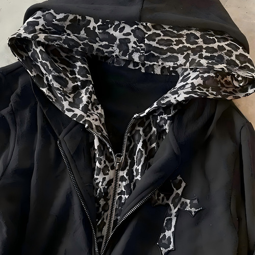 2026 Autumn/Winter Y2K American Streetwear Men's and Women's Leopard Print Retro Cross Gothic Hooded Zip-up Sweatshirt Jacket