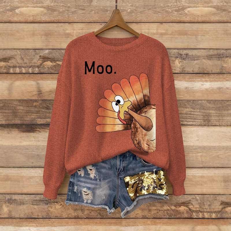 2025 New Thanksgiving Turkey Fun Printed Knitted Pullover Round Neck Loose Sweater European and American Casual Top