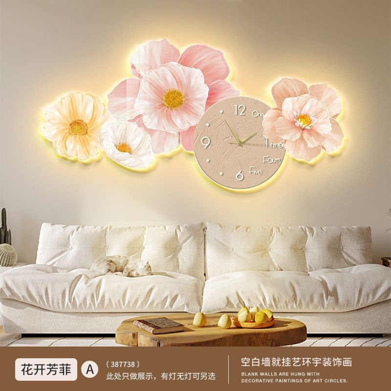 Cream viento sala de estar decoración pintura de fondo sofá colgar pintura de pared con reloj moderno minimalista floral LED pintura de lámpara luminosa