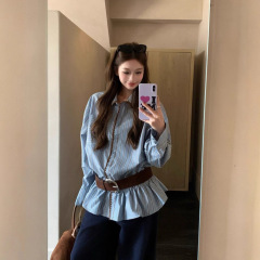 韩系设计感撞色条纹长袖衬衫上衣女早秋小众别致宽松chic气质衬衣