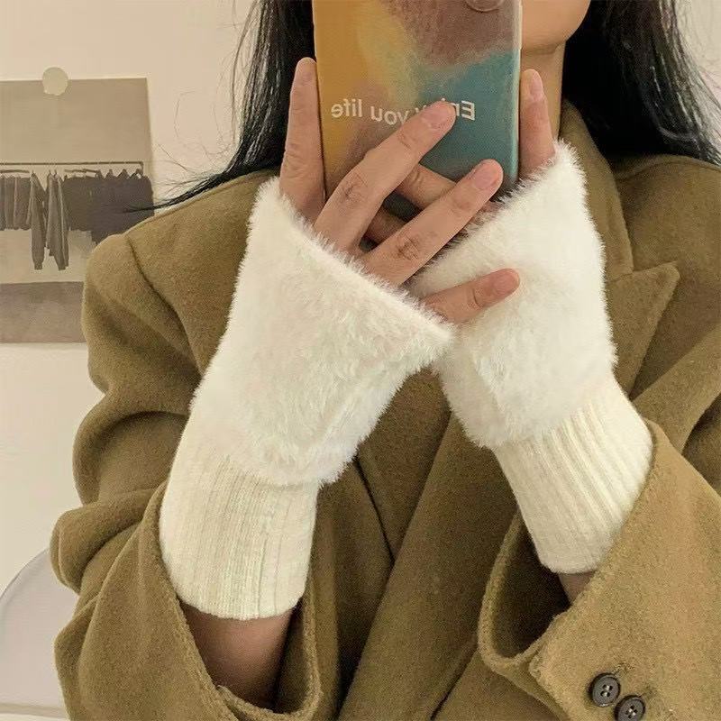 网红款针织无指手套女百搭半截半指保暖秋冬手袜简约纯色毛绒手套|undefined