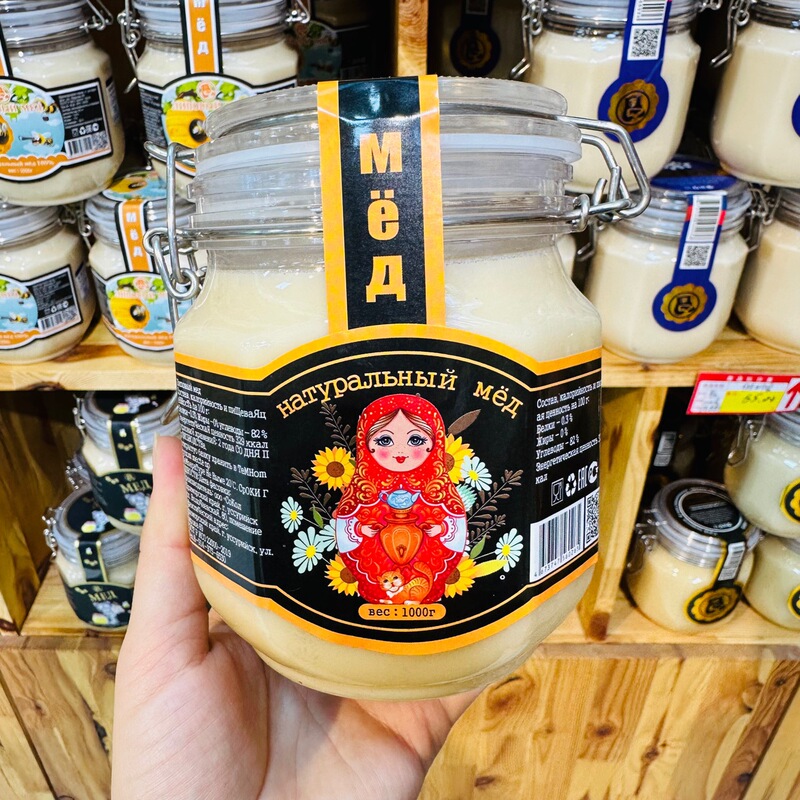 Russian Red Matryoshka Linden Honey with Anti-Counterfeiting Code, Original Imported Honey 1000g, Russian Style Gift, High-End Gift Box