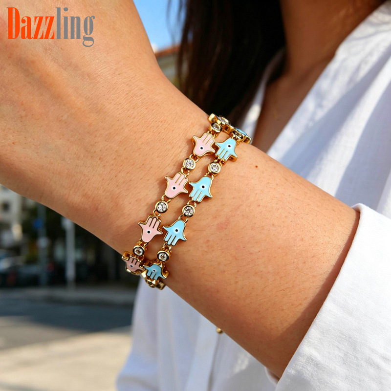 European and American Retro Fatima's Hand Oil-Drip Bracelet, Colorful Palm Evil Eye Zircon Bracelet, Niche Women's Jewelry
