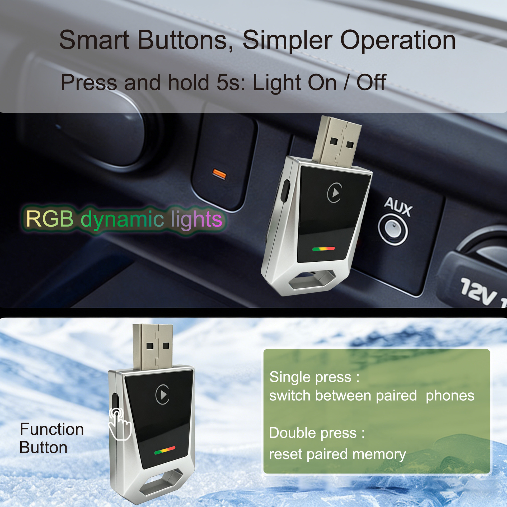 Wireless CarPlay Box Android Auto 2-in-1 Car Connectivity Smart Button RGB Light Adapter