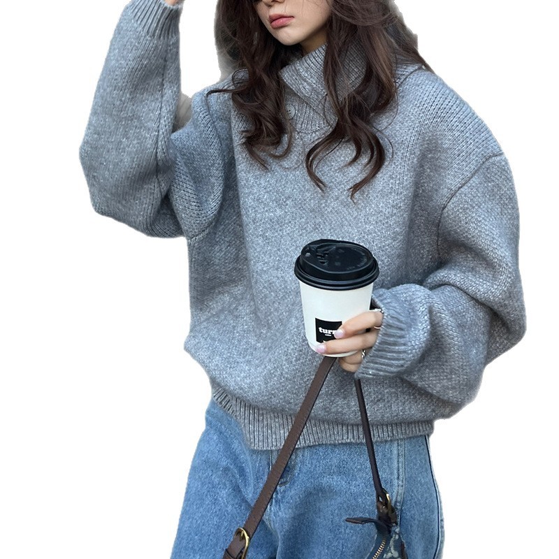 韩系宽松灰色加厚毛衣女新款秋季设计感纽扣半开领针织衫上衣外贸|undefined