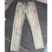 美式高街新款牛仔裤男百搭破洞粉红补丁裤修身直筒休闲长裤子个性