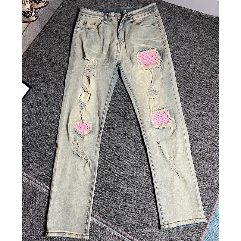 美式高街新款牛仔裤男百搭破洞粉红补丁裤修身直筒休闲长裤子个性