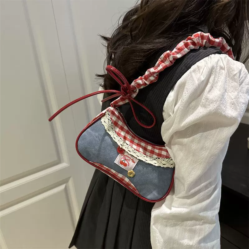 新款手提包女时尚单肩斜挎包甜美腋下包出行小众格子蝴蝶结腋下包