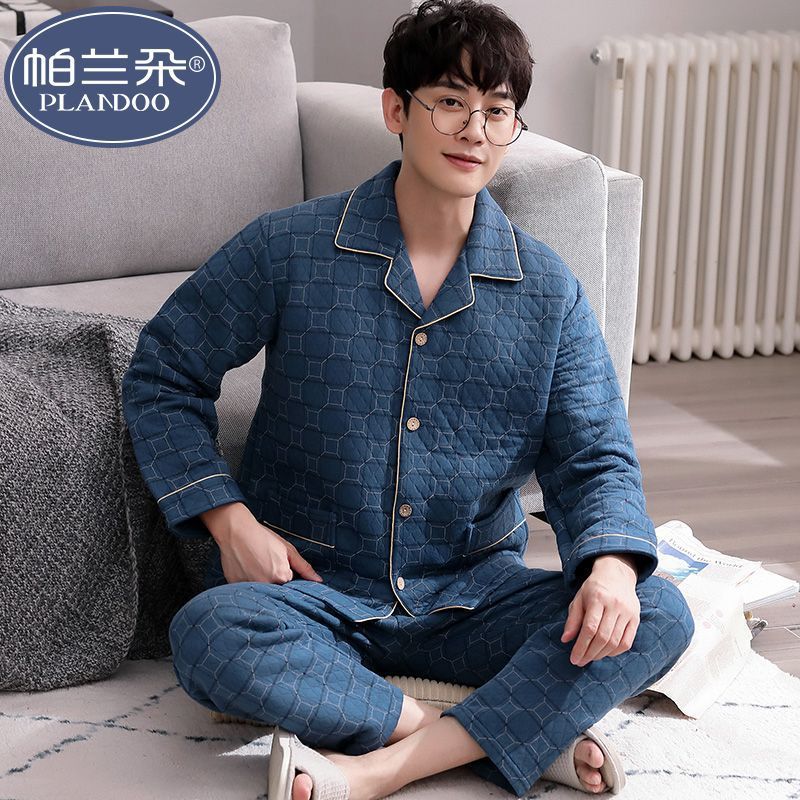Algodón aire pijama de algodón hombre otoño y invierno intercalado de algodón grueso intercalado de tamaño grande conjunto de ropa de casa de hombre