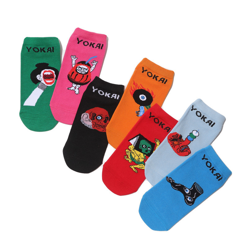 Male Japanese Monster Animation Socks Female Cotton Monster Story Sock Cartoon Personality Trend Boat Socks-5Prs 32 Undefined