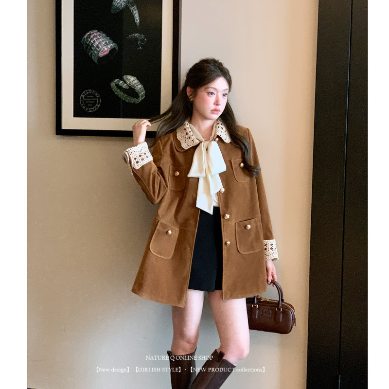 杨小卷 MIU系复古翻领中长款麂皮/丝绒外套工装风衣女 美拉德穿搭|undefined