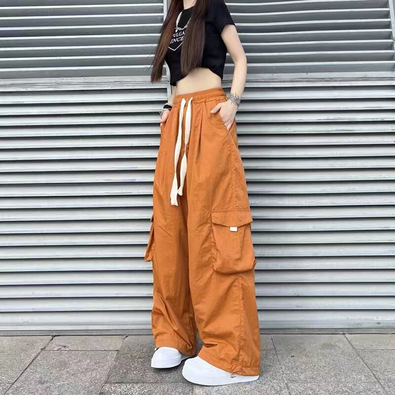 American hiphop orange overalls women's spring and autumn oversize pants Maillard wear jazz dance bloomers