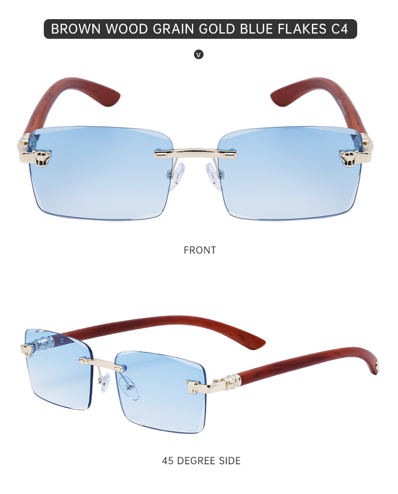 2024 Neue europäische und amerikanische rahmenlose Retro-Sonnenbrille für Herren mit Spiegelbeinen aus Holzmaserung und Sonnenbrille für Herren_voghion.com