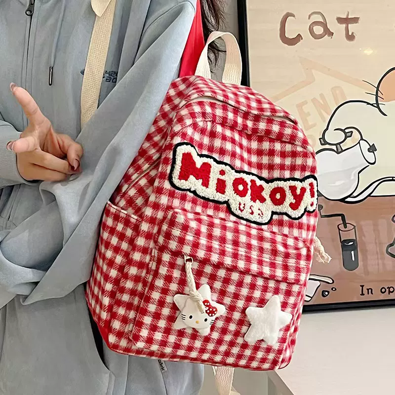 韩版小清新红色格子学生书包女可爱少女休闲旅游双肩包上课通勤包