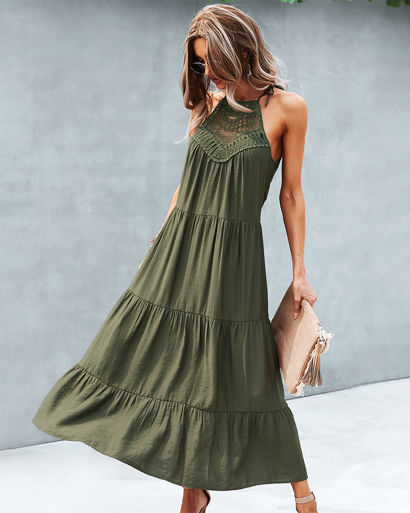 Solid Color Sleeveless Halterneck Hollow Stitching Dress NSDY100681