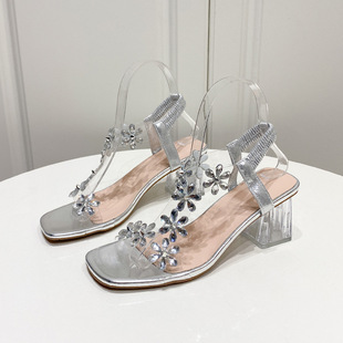 2025 summer sandals women's summer new Roman elastic band rhinestone flower transparent thick heel sandals wholesale generation