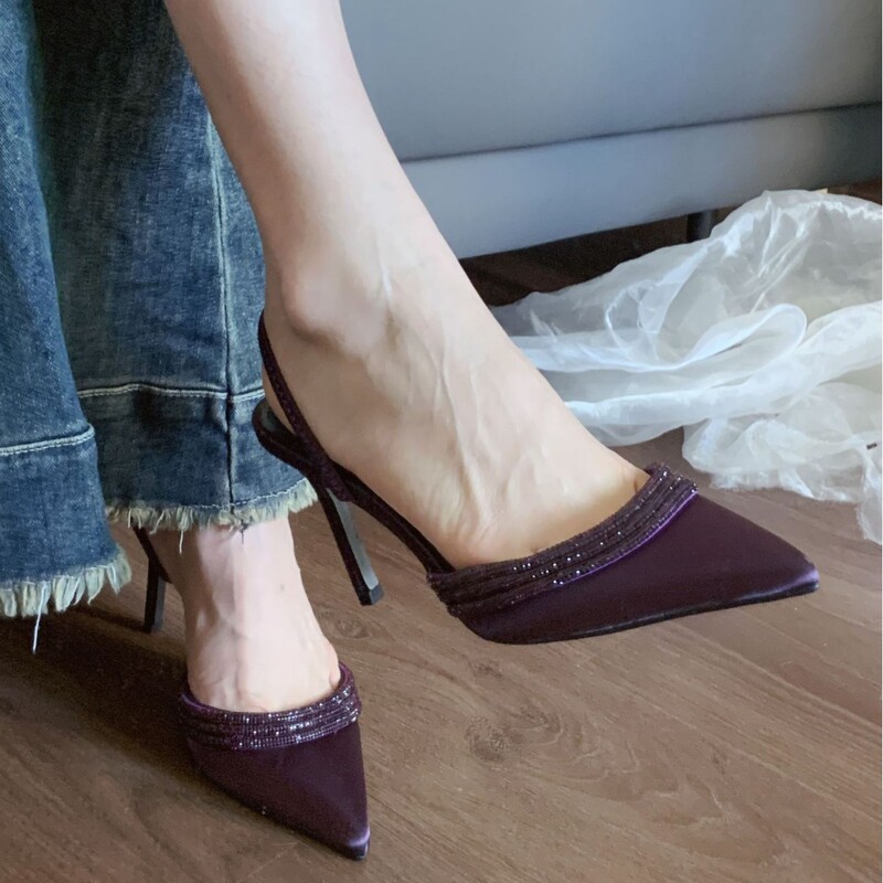 2025 Autumn New Style Pointed Toe Purple Stiletto High Heels Shallow Mouth Rhinestone Strap Satin Sandals Half Drag Sandals for Women