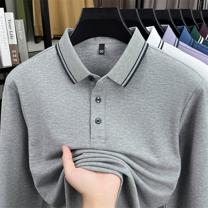 Pure Cotton Long-Sleeved T-Shirt Men's Lapel Casual Autumn and Winter New Loose Thin Top Men's High-End Polo Shirt Men's T-Shirt Pure Cotton Long-Sleeved T-Shirt Men's Lapel Casual Autumn and Winter New Loose Thin Top Men's High-End Polo Shirt Men's T-Shirt