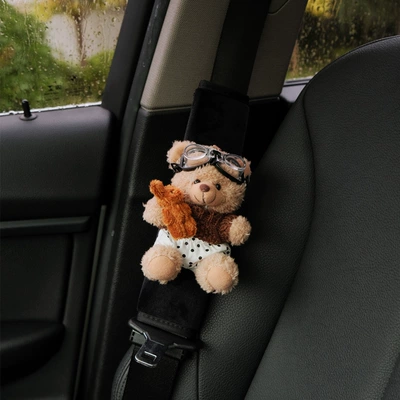 ornaments creative bear women — Seat belt shoulder pad - brown-sweater-spotted-pants-with-brown-rabbit-and-bear-black-velvet-shoulder-pads-single