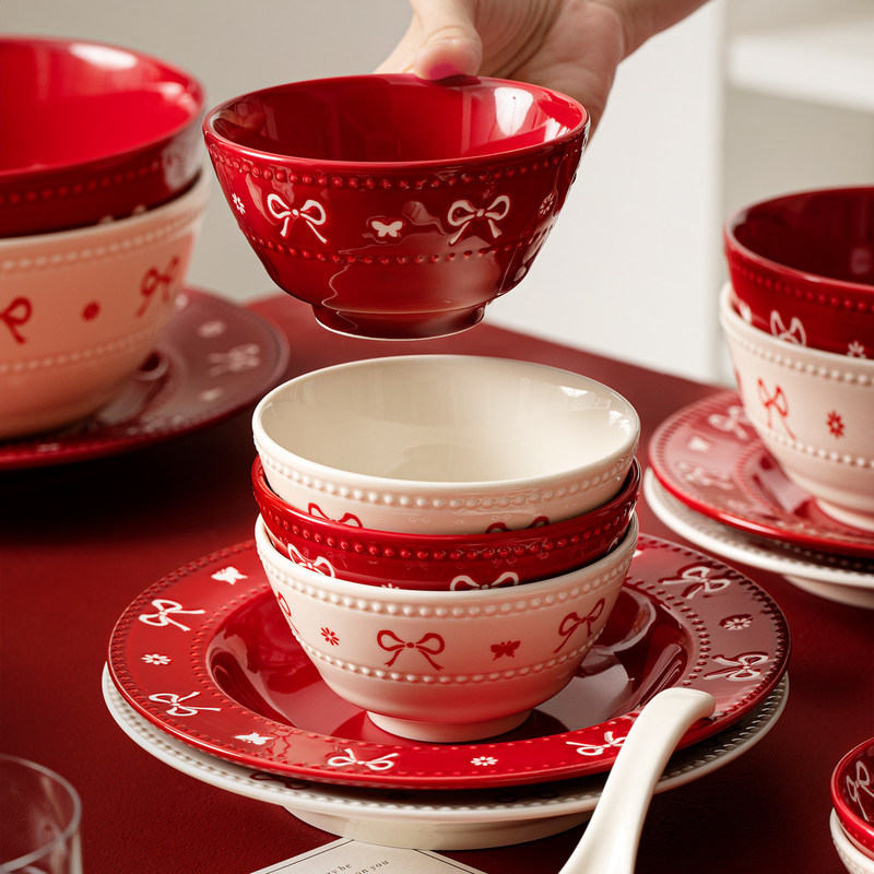 Bowknot Ceramic Tableware Bowl Set for Home Use, Wedding Bowlware, Single Piece Tableware, Bowl, Plate, Spoon, Chopsticks Set
