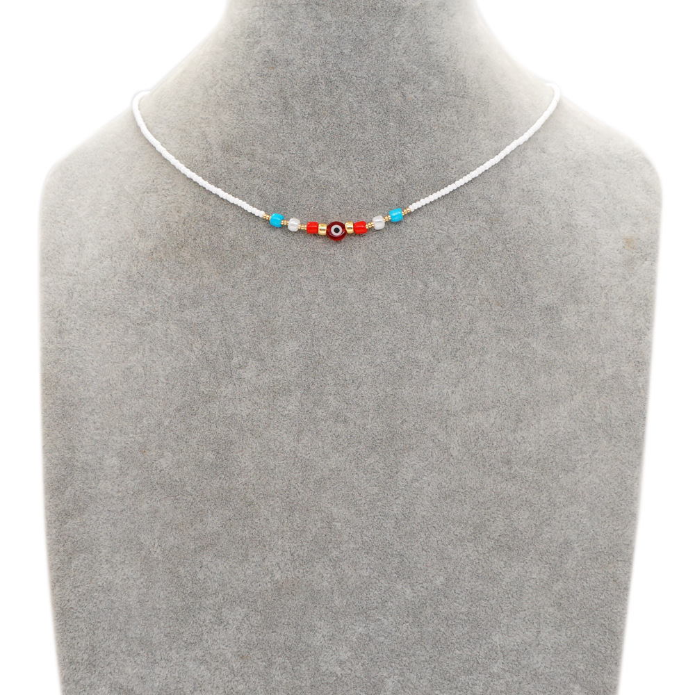 New Bohemian Style White Bead Glass Devilu0027s Eye Beaded Necklace