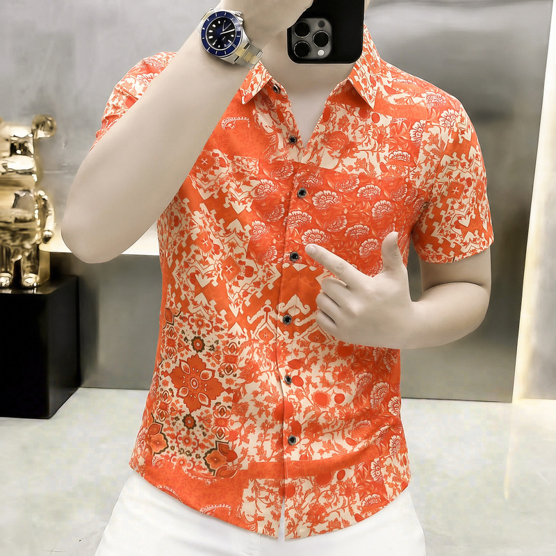 European Luxury Summer New Men's Short-Sleeve Ice Silk Floral Shirt, Fashionable Versatile Casual Breathable Loose Shirt for Men European Luxury Summer New Men's Short-Sleeve Ice Silk Floral Shirt, Fashionable Versatile Casual Breathable Loose Shirt for Men