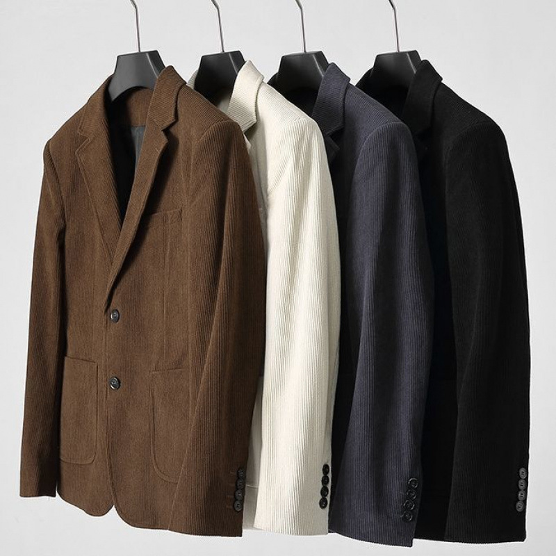 灯芯绒西装外套男秋季新款条纹复古感商务帅气休闲西服男