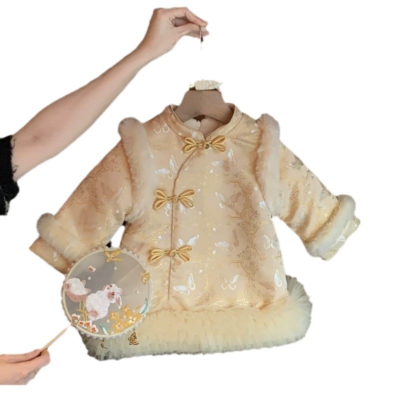 Ropa de Año Nuevo de moda nacional de estilo chino vestido de princesa más vestido de terciopelo grueso vestido de bebés de Año Nuevo vestido chino versátil