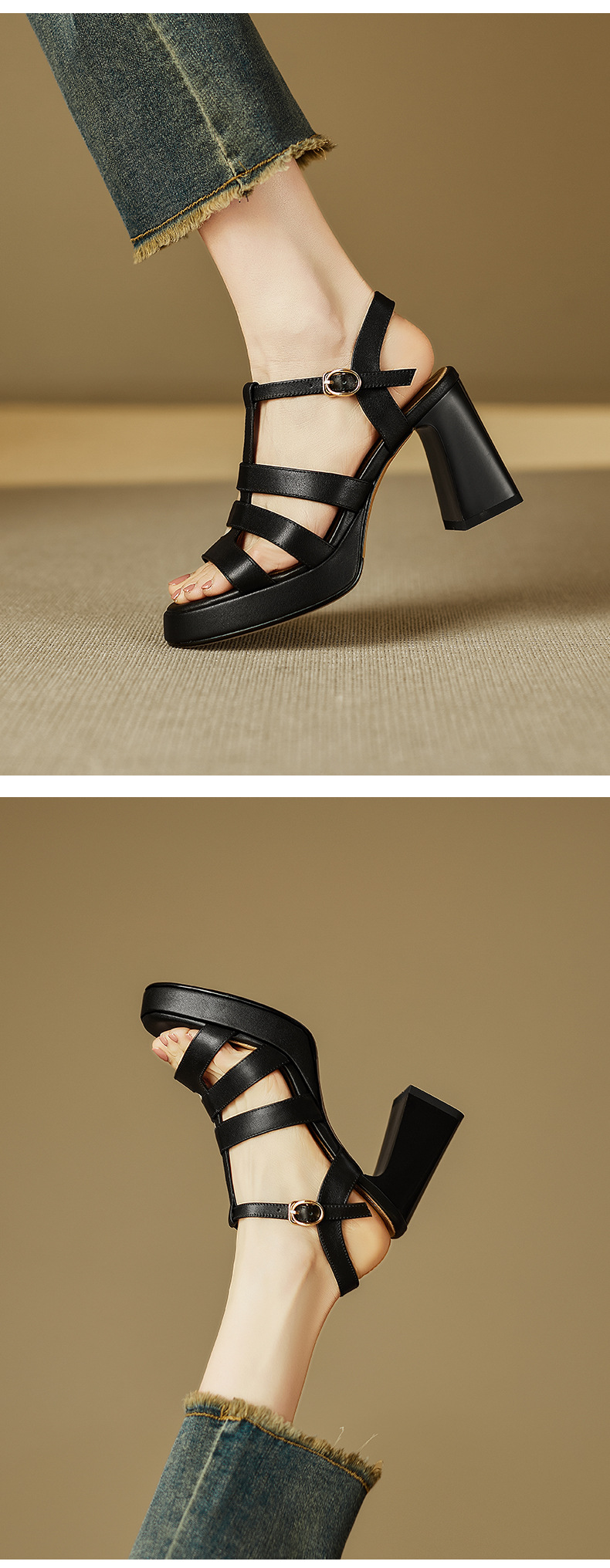Sandal cao gót nữ quai chữ T kiểu La Mã gót dày 8.5 cm handmade — đen chi tiết 6