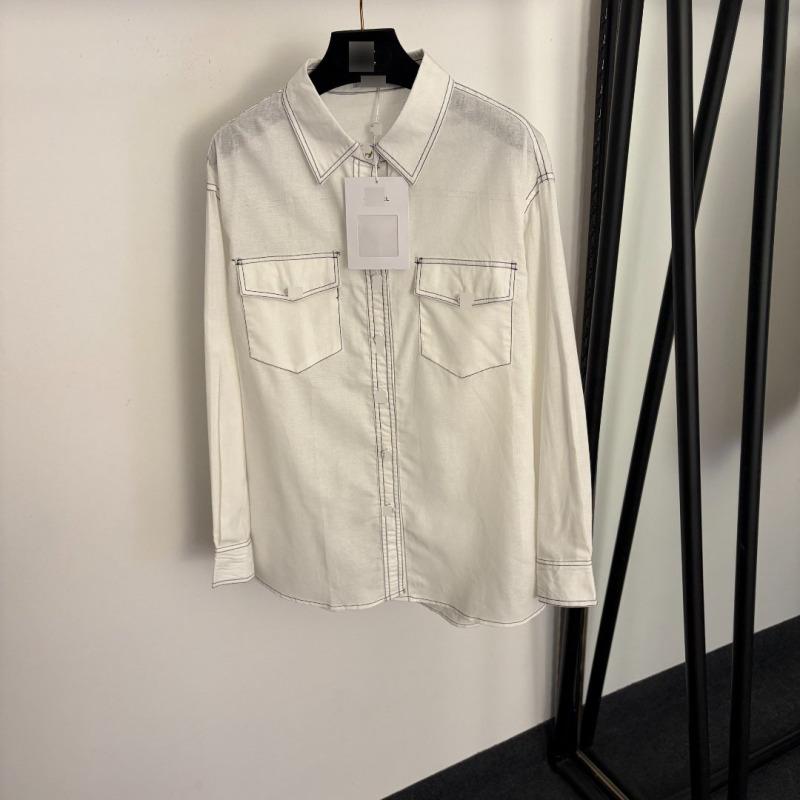 High-End Foreign Trade New Style Chanel-Style Button Front Pocket Elegant Color-Blocked Stitched Long-Sleeve Linen Shirt High-End Foreign Trade New Style Chanel-Style Button Front Pocket Elegant Color-Blocked Stitched Long-Sleeve Linen Shirt