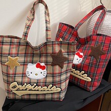 通勤2025ktttoki潮手提包hell猫可爱帆布包托特包女日本格子新款