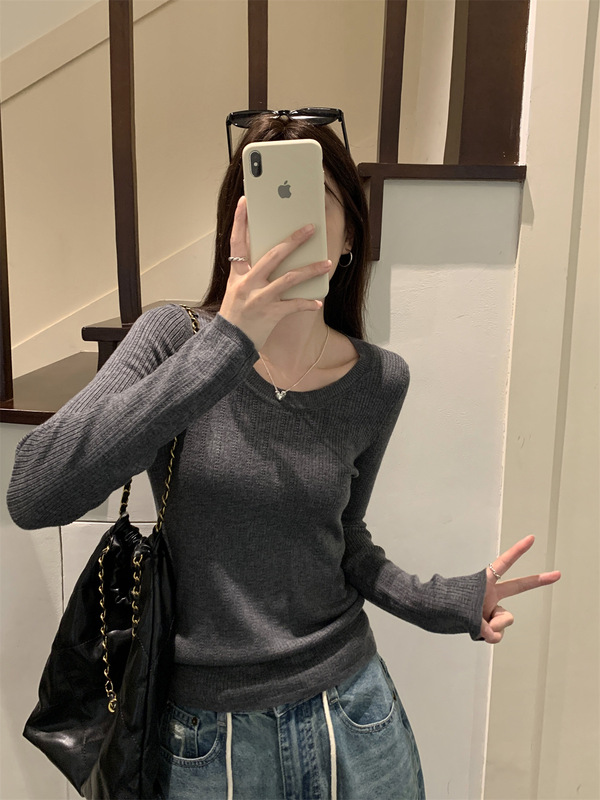 韩版秋季打底衫针织衫女生气质修身显瘦圆领长袖休闲内搭套头上衣|undefined