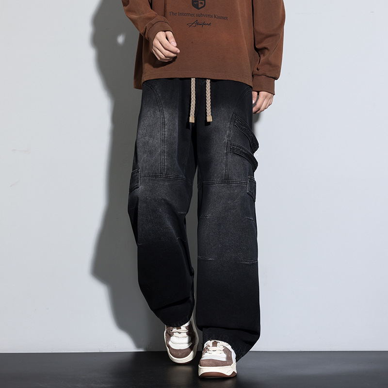 Jyf-M8827 Retro Workwear Elastic Jeans Men's 2025 Autum American Washed Loose Straight Wide Legs