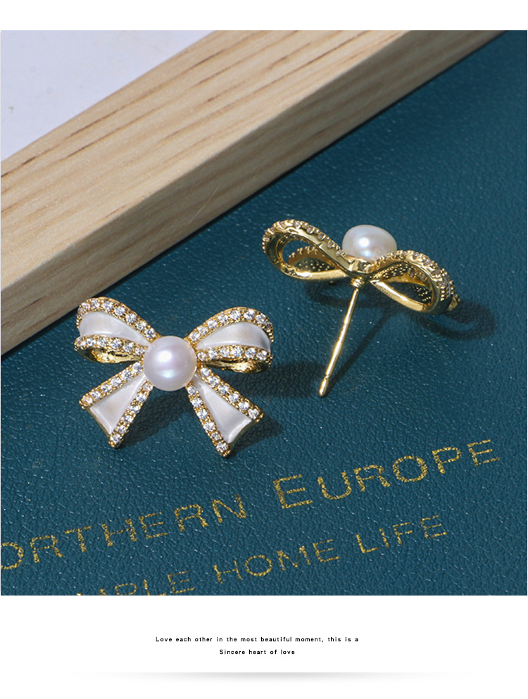 14K注金滴油蝴蝶结淡水珍珠耳钉