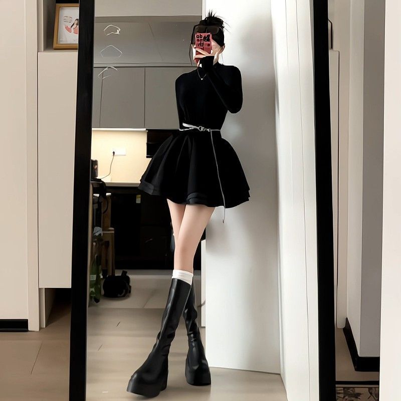 Autumn and Winter Half-High Collar Bottoming with Slimming Look Little Black Skirt and Elegant Princess Puffy Dress for Women