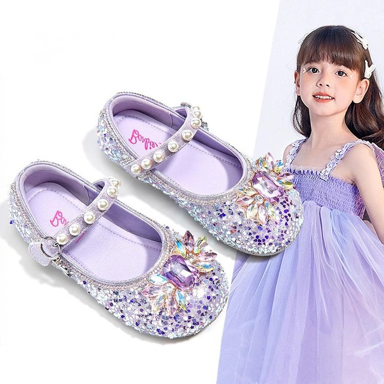 Girls' Crystal Shoes 2025 Summer New Children's Elsa Princess Shoes Purple Baby Leather Shoes Soft Sole Rhinestone Shoes