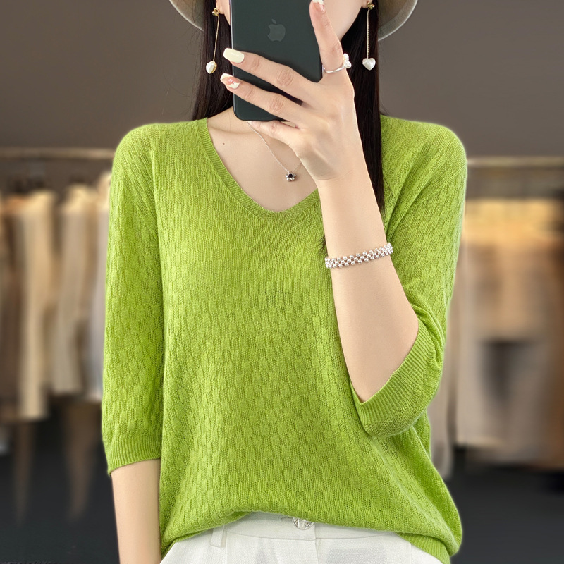 First-line clothing five-quarter sleeve all-match solid color refined wool-like top women's spring and summer V-neck pullover hollow-out thin T-shirt