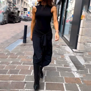 2023秋季新款欧美跨境亚马逊跨境时尚小众纯色无袖紧身褶皱连衣裙