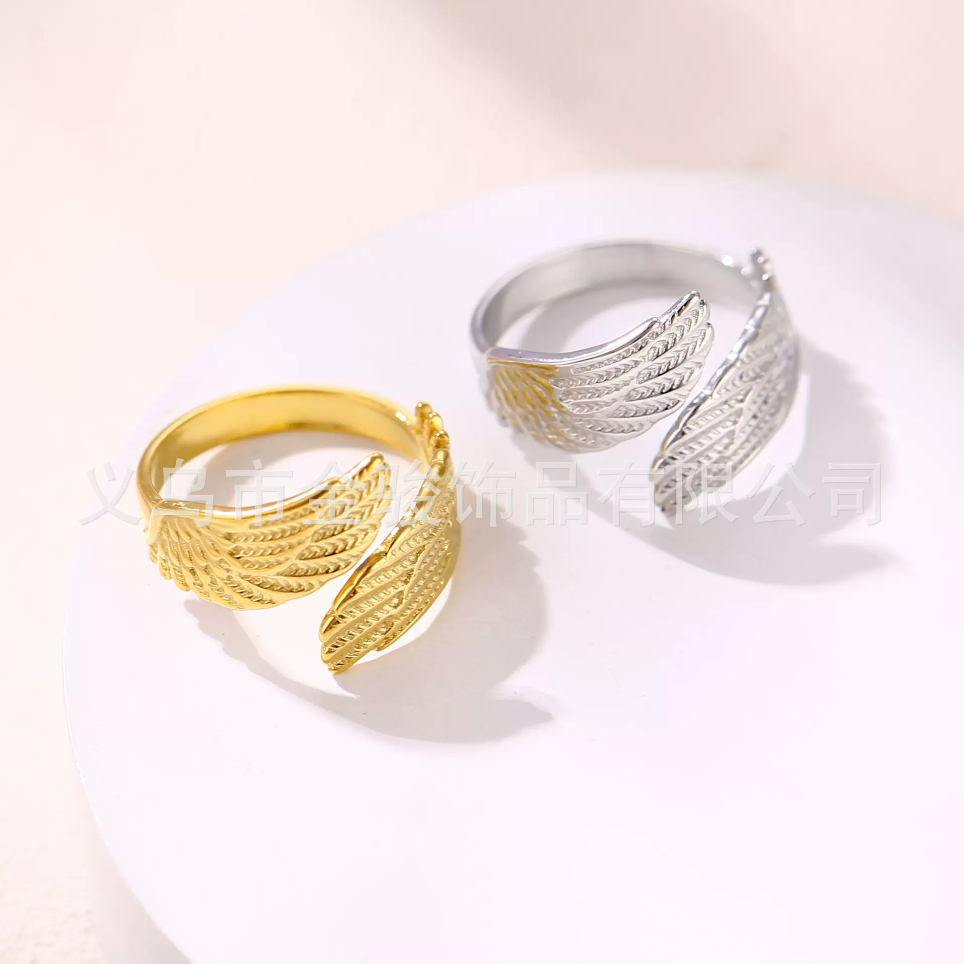 欧美跨境不锈钢开口指环不掉色翅膀个性小众食指戒ins风钛钢戒指