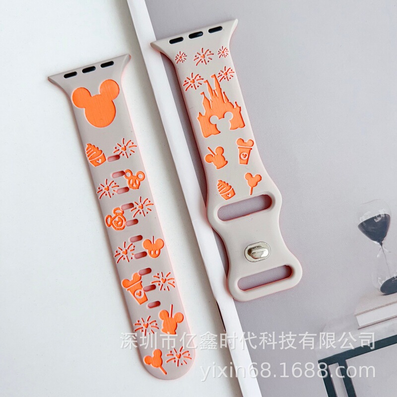 Two-Color Mickey Castle Engraved Silicone Strap Suitable for Apple Watch 9 10 11 iWatch Ultra Wristband