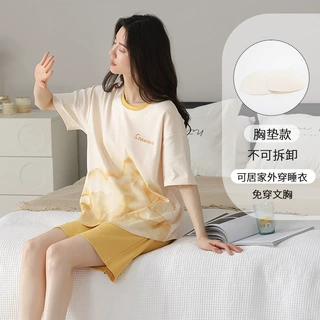 2025新款睡衣女纯棉带胸垫薄款短袖休闲卡通大码可外穿家居服套装